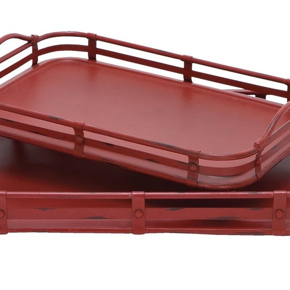 Deco 79 Vintage Metal Rectangle Tray, Set Of 2 19", 17"W, Red - Picture 2 of 13